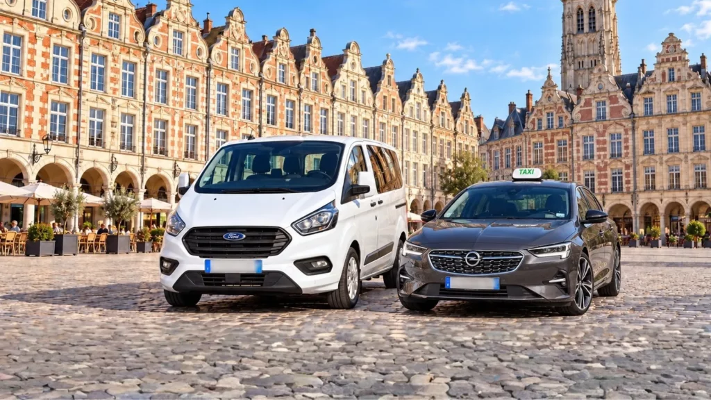 Montage d’un van Ford blanc et d’un taxi Opel gris sur la place des Héros à Arras.